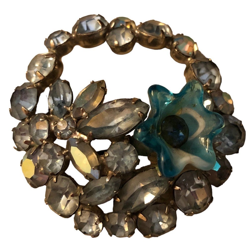 Weiss AB Blue Marquise Rhinestone Art Glass Flower Wreath Brooch Pin Signed